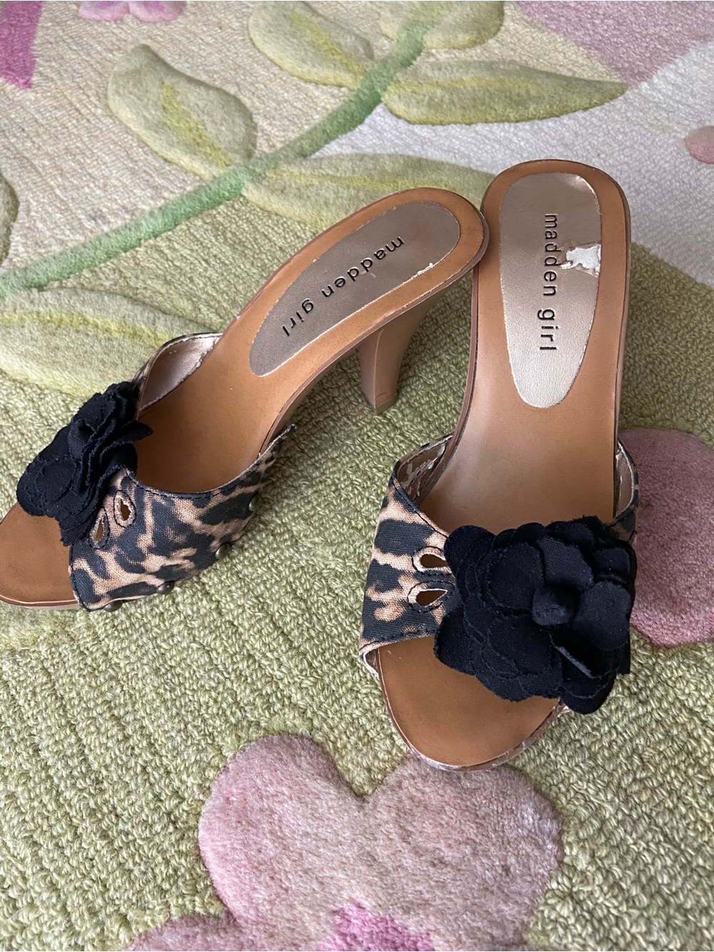 Madden Girl Leopard Print Mule Heels with Black Floral Accent